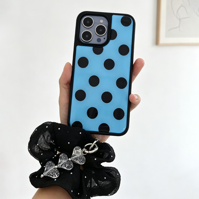 Clear Shockproof Bumper Case - ブルーブラックポルカドット電話ケース、ブラックラインストーンシュシュ、クリアハートチャーム、リストストラップ、耐衝撃バンパーフレームカバー付き