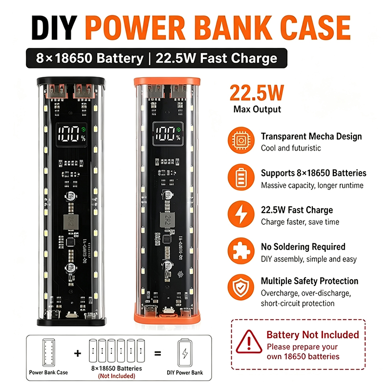 Power Banks - USB Type Cポート設計 8X18650 パワーバンクケース 22.5W急速充電