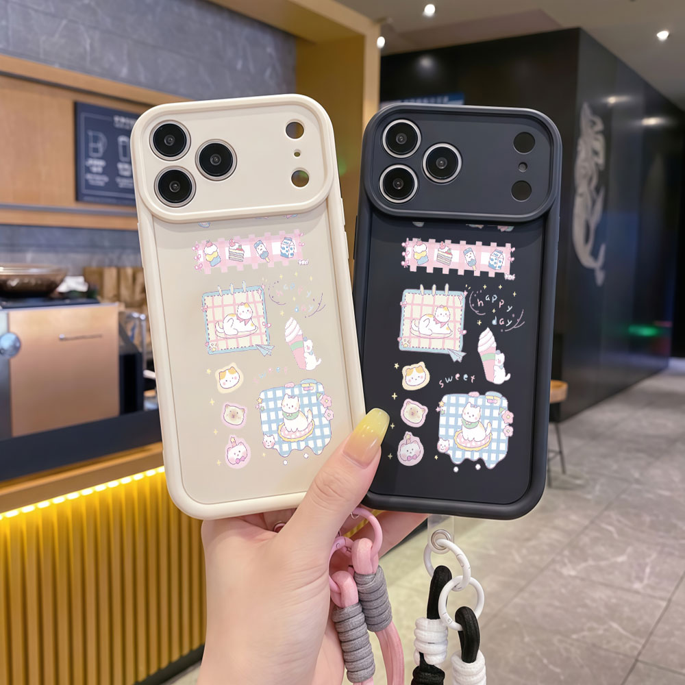 リストストラップ付き漫画風キュートな猫柄ランヤード携帯ケース - Cute Cartoon Wrist Strap Silicone Case のレビューと価格