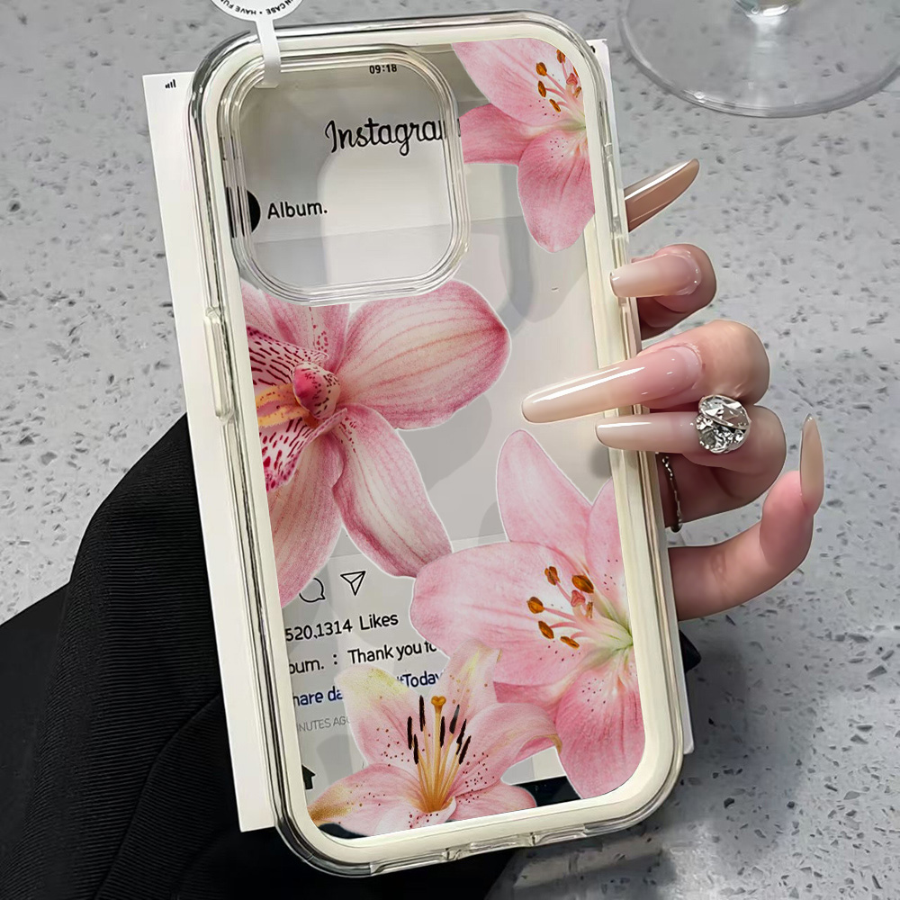 ピンクのユリの花柄クリアスマホケース iPhone 17 1 - Clear Shockproof Bumper Case のレビューと価格