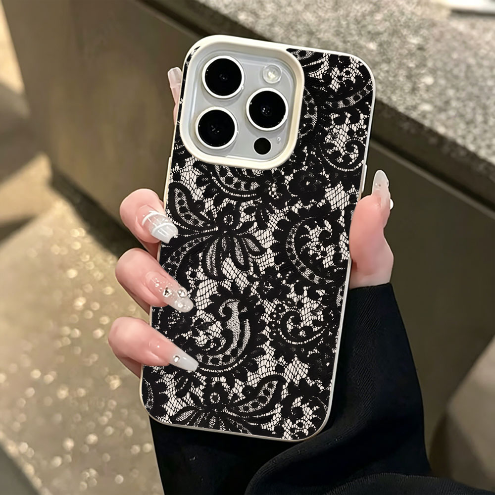 黒のヴィンテージ風花柄レースライチ柄スマホケース iPhon - Vintage Floral Pattern Soft Case のレビューと価格