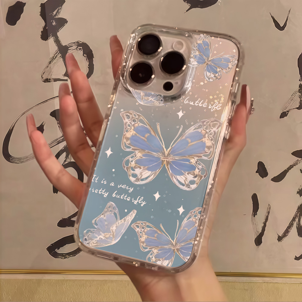 高級ブルーバタフライクリアグリッターフォンケース iPhon - Clear Shockproof Bumper Case のレビューと価格
