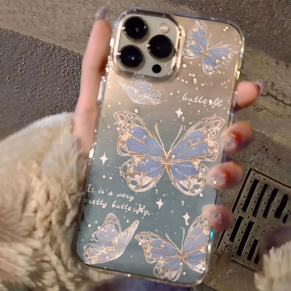 高級ブルーバタフライクリアグリッターフォンケース iPhon - Clear Shockproof Bumper Case のレビューと価格
