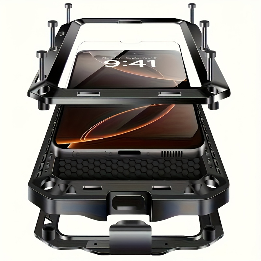 頑丈な金属製のスマートフォンケース。内蔵のガラス製スクリーン - Heavy Duty 360 Full Body Protective Case のレビューと価格